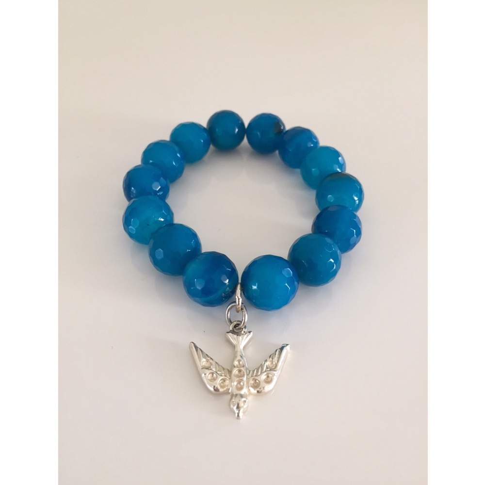 VTG 80s Blue Glass Faceted Beaded Bracelet w/ Bird